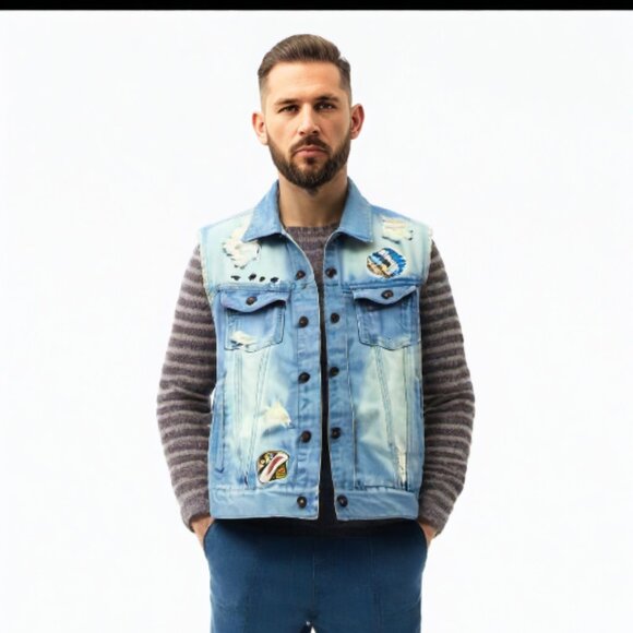 Jordan Craig Legacy Edition Distressed Biker Moto Blue Wash Denim Vest - Picture 3 of 8
